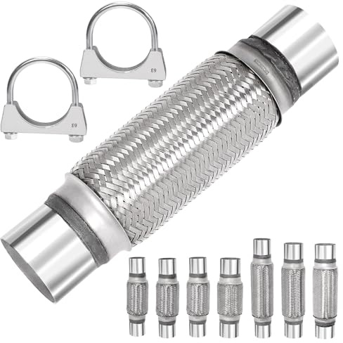 Mardatt Exhaust Flex Pipe with 2pcs U-Bolt Clamps (2.5 x 8 x 12),ID:2.5 | Stainless Steel Double Braid Exhaust Flex Tube for Cars Trucks Buses Pipes