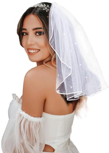 AWOCAN Braut Hochzeit Schleier Frauen kurze Hochzeit Schleier Strass Perle Brautschleier Braut Stirnband Dekoration für Hochzeit Party (weiß-B)