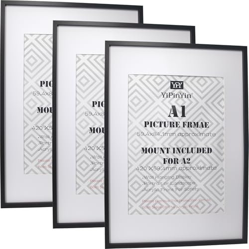 Black A1(59.4x84.1cm) Gallery Picture Frames Set of 3 with Mounts for A2(41x58.4cm), A1 boxed photo frames 3pack,A1 Poster Frame with Mount for A2 photo