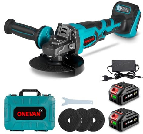 ONEVAN Akku-Winkelschleifer 125 mm Scheibendurchmesser, Bürstenloser Winkelschleifer mit Drehzahlregelung Trennschleifer Akku, mit Zusatzhandgriff und 3 Trennscheiben (inkl. 2x4.0Ah Akkus)