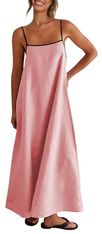 Shy Velvet Women's 2026 Summer Linen Maxi Dress Contrast Spaghetti Strap Dress Backless Casual Party Beach Dresses Sea Pink