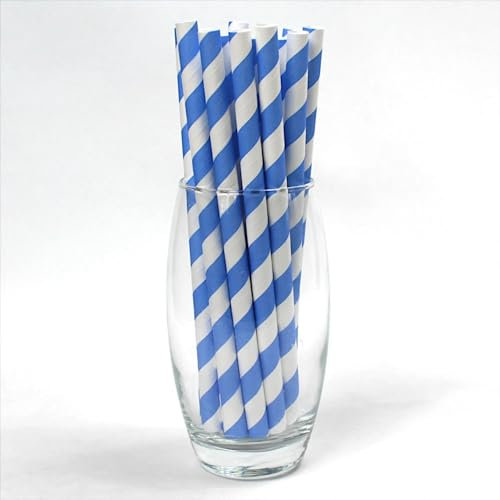 Blue and White Striped Paper Straws 10mm x 200mm (8) - Pack Size 2,000 - Ideal for Milkshakes & Smoothies/Food Safe/PFAS Free/Biodegradable