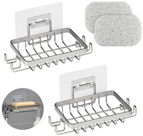 YoHyien 2 Stück 304 Edelstahl Seifenhalter Dusche, Seifenschale Wandmontage ohne Bohren, Seifenschale Selbstklebend mit Haken & Seifenkissen, Seifenablage für Badezimmer und Küche (Silber)