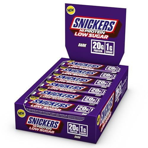 Snickers - HI Protein Bars | Low Sugar Bars, Only 1g of Sugar per bar, Dark Chocolate, 12 x 57g Pack, 20g Protein