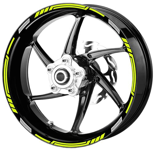 Pimastickerslab Set Completo Adesivi Strisce Cerchi Ruote Moto 17 Pollici Bandiera Scacchi Scacchiera Filetto Cerchioni Gomme Sport Stickers Strips Universale RT0025 (029 Giallo Fluo)