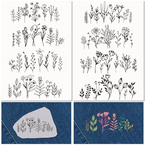craspire 4 Blatt Stickvlies Mit Blumen Wasserlöslich Blumen Pflanzen Blätter Handnähstickerei Stick and Stitch A4 Transfers Stoff Auswaschbar Vorgedruckt Selbstklebend Für Liebhaber des Stoffnähens