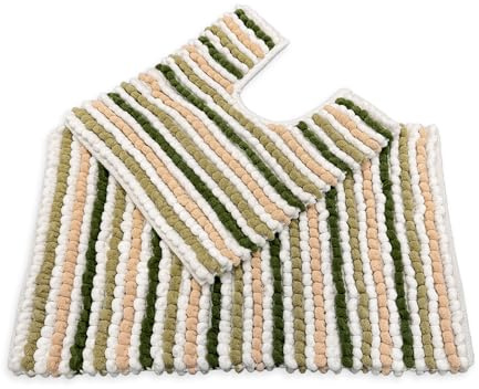 Allure Striped Chunky Bobble 2 Piece Bath Mat & Toilet Mat Set – Thick, Hand-Woven, Super Soft Bathroom Rugs in Green Stripe
