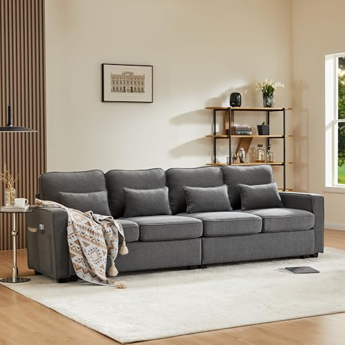 MSMOK Divano 4 posti con tasche per braccioli e 4 cuscini, moderno divano a 4 posti in tessuto di lino, grigio, 264 x 83 x 87 cm
