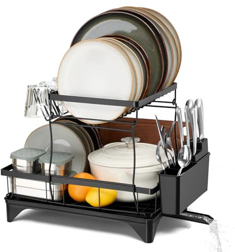 Homikit Dish Drainer Rack, 2-Tier Rust Proof Dish Drying Rack With Drip Tray & Cup Utensil Holder, Space Saving Plate Bowl Organizers for Kitchen Counter, Large Capacity & Detachable, Black