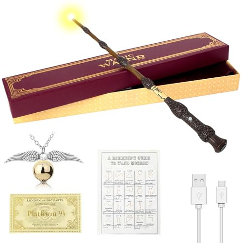 FGJCJ Baguette Magique Dumbledore - 37 cm - Lumineuse - Rechargeable USB - Harry - Accessoires Magiques - Avec Boîte Cadeau, Carte de Sort, Ticket de Station et Collier - Pour Tous les Ages