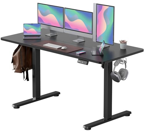 VOSATRON Bureau électrique réglable en hauteur 160 x 60 cm avec contrôle à mémoire et technologie anti-collision, roulettes, planche d'épissage, cadre noir/plateau de table noir