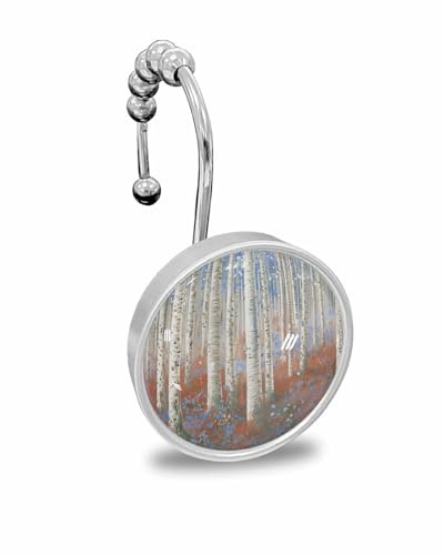 Shower Curtain Hooks Set of 12, Forest Oil Painting, Tree and Plant Art Crystal Glass Showers Curtains Rings, Bathroom Decorative Rod Stainless Steel Rust Proof Roller Hangers Hook