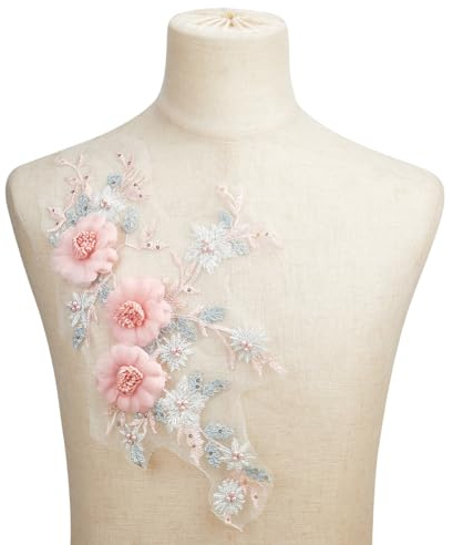 HOBBIESAY 2 Stück 3D Blumen Applikationen In Rosa Florale Stickerei Spitzen Applikationen Zum Aufnähen Blumenperlen Patches Dekorativer Reparaturflicken Für Kleid Mieder Kostüm Kleidung Basteln DIY