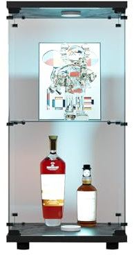 RWUDV Glasvitrine mit LED-Beleuchtung, 86x43x37cm, Modern Vitrine mit 2 Regalen, 1 Türen Glas Vitrine Vitrinenschrank, Glasschrank Standvitrine aus Gehärtetes Glas und Holz, für Wohnzimmer