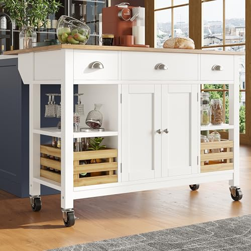 SogesHome Isola da cucina mobile su 4 ruote con piano da tavolo pieghevole, carrello da cucina con 3 cassetti, scaffale e cestino di pino, utilizzabile come tavolo da pranzo, 120 x 45 x 90 cm, colore
