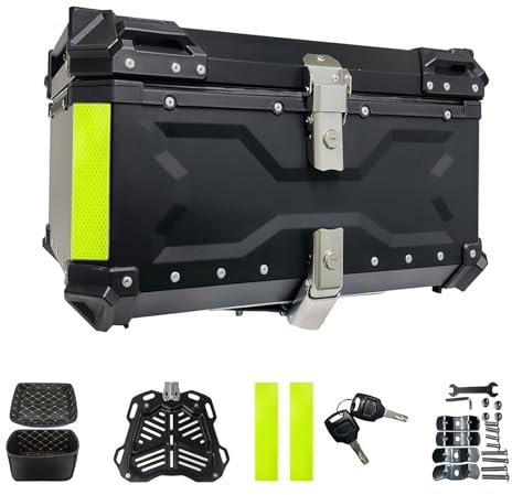 Top Case Moto, Bagages étanches pour Motos, Boîte de Queue de Motos avec Serrure De Sécurité, Coffres Moto pour Rangement Casques, Aluminium Top Case Plupart des Motoes et Maxi Scooters (65L Noir)
