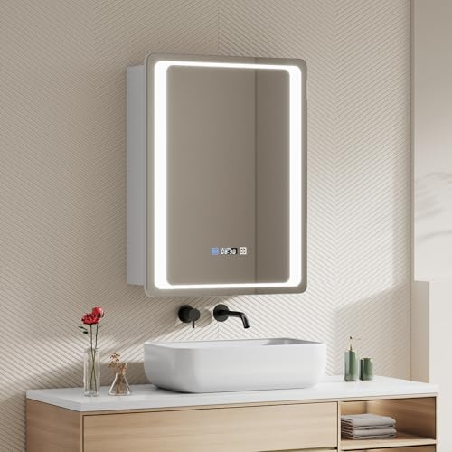 Warmiehomy LED-Badezimmerschrank 45x60 cm Spiegelschrank Bad mit Beleuchtung, Smart Touch-Dimmer mit 3 Lichtfarben einstellbar, Steckdose und Zeitanzeige - Weiß, 1-türig