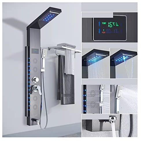 Ensemble de robinetterie de douche Panneau De Douche En Acier Inoxydable Système De Tour Panneau De Douche Led 5 Fonctions Robinet De Douche De Salle De Bains Montage Mural Colonne De Douche Froide Et