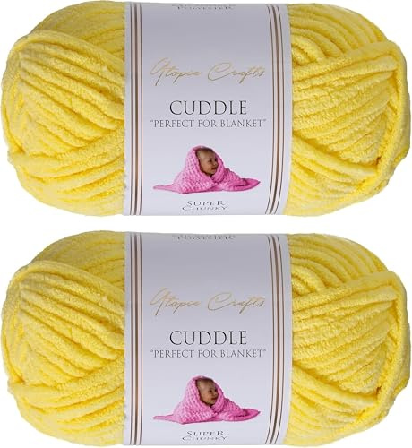 Utopia Crafts Cuddle Super Chunky Chenille Garn Zitronengelb, 100 g Knäuel, 60 m, Flauschiges, Dickes Strickgarn Häkelgarn, Maschinenwäsche, Stricken Häkeln für Anfänger, Wollalternative, 2er-Pack