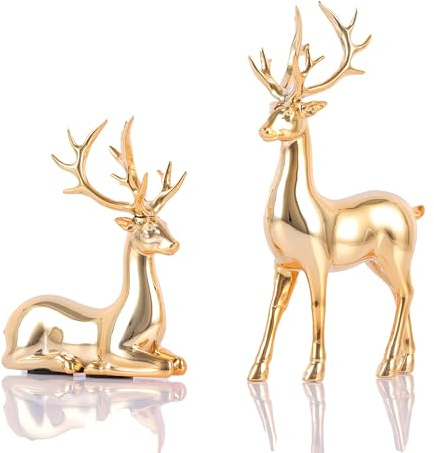 suruim 2Pcs Gold Reindeer Christmas Decor Set - Deer Figurine for Table & Home Decor, Golden Table Decor & Deer Decor (Gold)