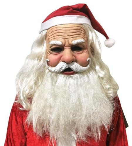 Pddgeun Santa Claus Mask Realistic Old Man Face Mask Father Christmas with Beard Hat Christmas Costume Accessory (Santa E)