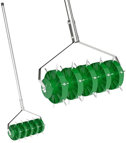 Outsunny Rodillo Aireador de Césped, Aireador de Césped Manual con Clavos y Mango Desmontable de 100 cm en Tres Piezas y Púas para Aflojar el Suelo, para Jardín, Patio, 45 cm Ancho