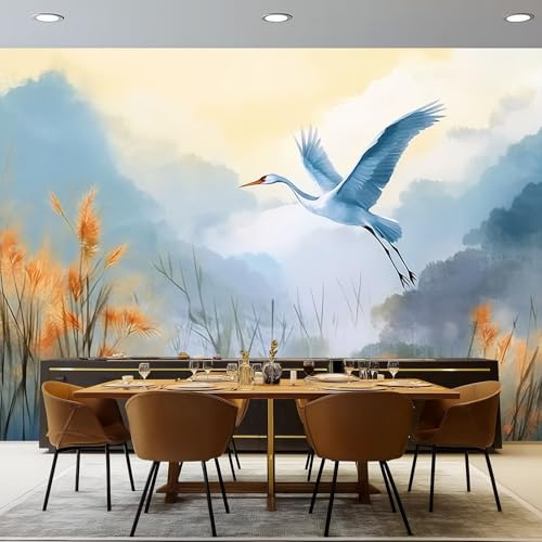 Carta da parati Motivo Con Uccelli In Volo E Canne, 250 x 175 cm Blu-Grigio Carta da parati fotografica personalizzata in tessuto non tessuto per soggiorno e cameretta dei bambini