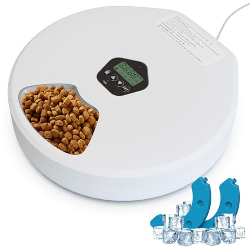 Futterautomat Katze Nassfutter mit Kühlung - 5 Mahlzeiten Timer Futterspender für Katzen & Kleine Hunde, Trocken- & Nassfutter Geeignet, 2 Eisbehälter, Ohne App, Weiß