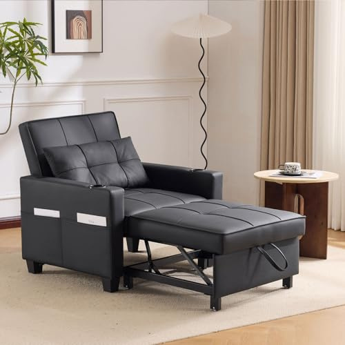 ZHOMGG Sofá Convertible 3 en 1, Sillón Convertible de 1 plaza con USB y portavasos, bolsillo lateral, sofá cama ajustable con cojín, ideal para apartamento pequeño (Negro)