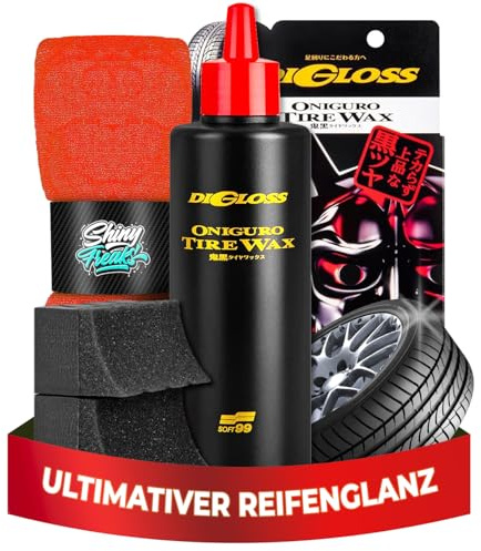 Soft99 DiGloss Black Devil Tire Wax Reifenpflege Set 200ml 5-tlg | Mit 2 Soft99 Pitasupo Reifenapplikatoren, Mikrofasertuch und Handschuhen – für einen sauberen Auftrag bis ins Finish