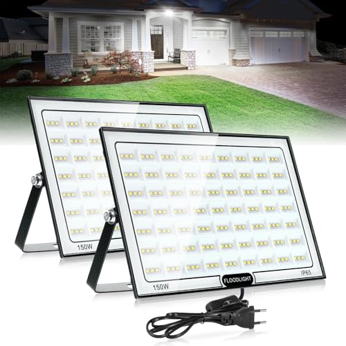 VAYALT 150W LED Strahler Außen 2 Stück, IP66 Wasserdicht und Superhell 6500-7000K 15000LM led scheinwerfer 230V, Led Strahler mit Stecker, Flutlichtstrahler für Hell Garten Garage Sportplatz Hof