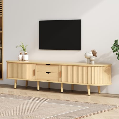 HaoChrymec Mueble De TV con MDF, Almacenaje con Cajones Y Puertas Correderas, Soporte Televisión Moderno, Mueble Televisor para Salón Y Dormitorio, Madera Nogal Claro, 175.40.42 cm