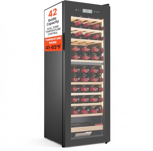 VEVOR Cave à Vin 42 Bouteilles, Cave de Vieillissement Autoportante, pour Rouges Blancs Champagnes Effervescents Maison Bar, Frigo à Vin Double Zone de Température Réglable 5-18 °C avec Porte Vitrée