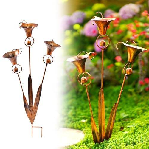 Poteau décoratif de Jardin en métal Calla Lily avec Triple Cloches - Sculpture Florale de 60 cm en Bronze pour extérieur, décoration de Jardin, Fleurs de lys, élément d'art pour Cour, Patio