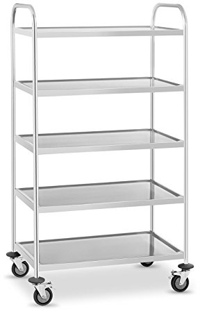 Royal Catering RCSW-5.1 Servierwagen Küchenwagen (5 Etagen, bis 150 kg, Tablettabstand 27 cm, Rammschutz, Vibrationsarme Schwenkrollen, Edelstahl)