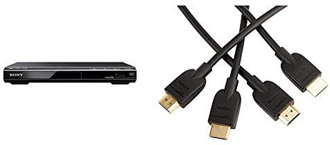 Sony DVPSR760H DVD Upgrade Player, UK 3 Pin Plug, Black & Amazon Basics High-Speed, Ultra HD HDMI 2.0 Cables, Supports 3D Formats and with Audio Return Channel, 1.8 m (2-Pack)