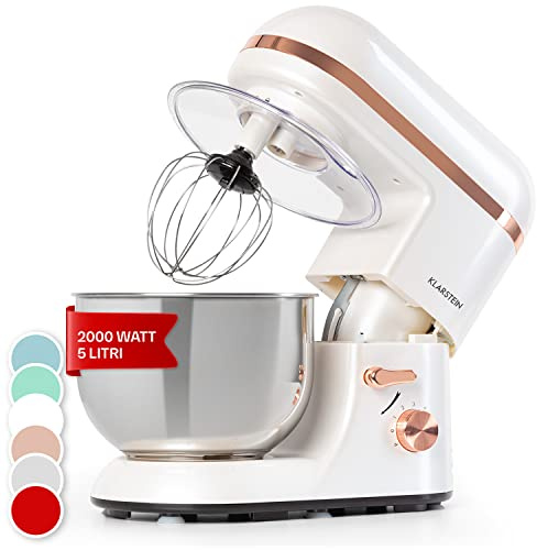 Klarstein Planetaria Professionale, Impastatrice Planetaria 5 Litri con Ciotola, Impastatrice Professionale 2000W per Pizza e Dolci a 6 Velocità, Pane con Gancio e Frusta