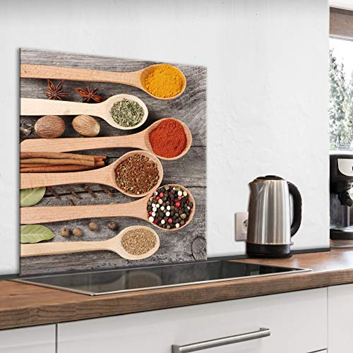 murando - Crédence Verre Cuisine 80x80 cm - Plaque Anti-Projection - Couvercle Anti-éclaboussures crédence - Revêtement Carreaux - Plaque en Verre trempé - Épices en cuillères Bois j-B-0054-aq-a
