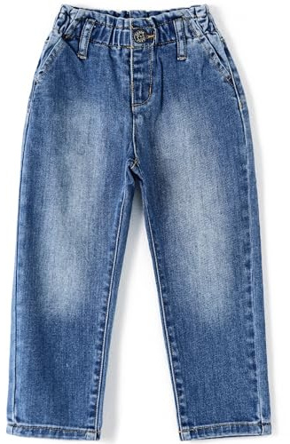 KIDSCOOL SPACE Little Girls Ruffled Elastic Waist Denim Jeans Pants,Blue,3-4 Years