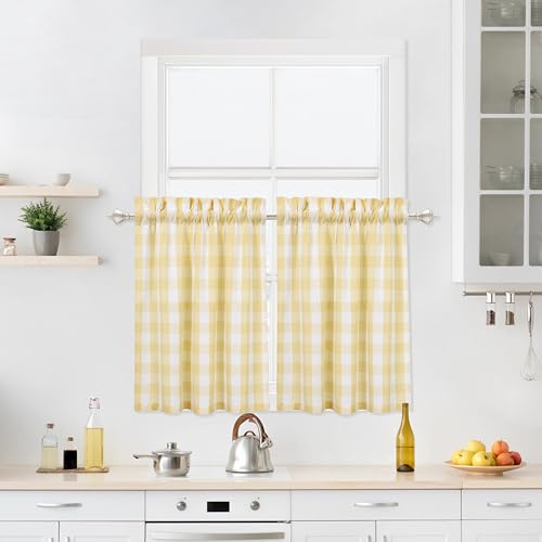 Buffalo Plaid Cafe Curtains 36 Inch Long,Yellow and White Buffalo Check Kitchen Tier Curtains, Gingham Rod Pocket Short Tier Curtain for Kitchen Bathroom Window,28x36,Yellow/White, Set of 2
