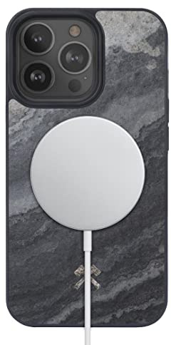 Woodcessories - Magnetisches Bumper Case für iPhone 14 Pro kompatibel mit MagSafe, Handyhülle mit Magnet aus Stein, Camo Grau