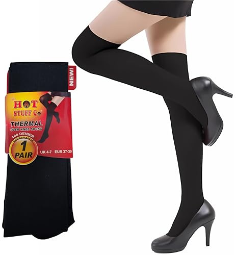 Trendy Lane 1 Pair 140 Denier Thigh High Womens Socks Thermal Fleece Lined Black Knee High Extra-long Socks Thick, Warm Stocking Boot Socks Daily Wear, Ladies Leg Warmer (Over Knee Thermal Socks)