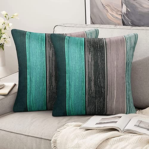 Hanrunsi Fundas Cojines Decorativos Modernos Sofá 45x45 Turquesa Lino Cojín Decorativo Madera Cuadrado a Rayas Retro para Sofá Cama Coche Sala de Estar para el Hogar Juego de 2