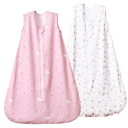 david's kids 100% Organic Cotton Baby Sleep Sack 18-24 Months, Soft Baby Wearable Blankets with 2-Way Zipper, 2 Pack Comfy Toddler Sleeping Bags for Boys Girls Neutral, X-Large Size, Rainbow & Space