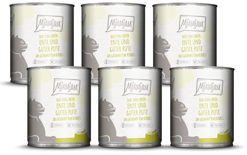 MjAMjAM - Premium Nassfutter für Katzen - DUO von zarter Ente & guter Pute an gedämpftem Kürbis, 6er Pack (6 x 800 g), getreidefrei mit viel Fleisch