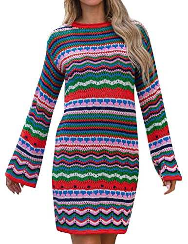 Générique Robe Sweat Femme Hiver - Femmes Robe Pull Arc-en- rayé à Manches Longues lâche Crochet rayé évider Mini Robe Pull décontracté Soldes Robes Été