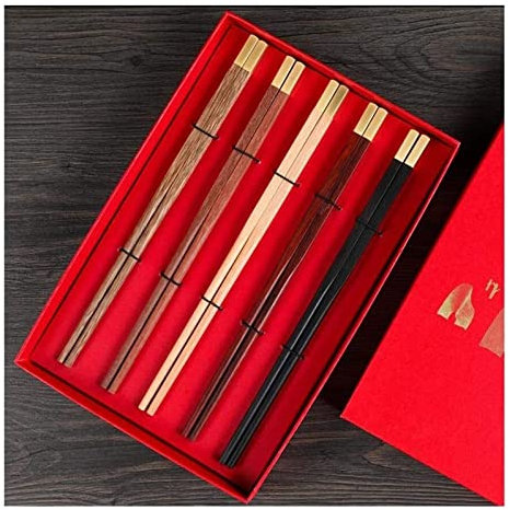 Bacchette Sushi, Bacchette Cinesi Lavabili Bacchette Cinesi in Legno Massello Importate Bacchette Regalo 5 Paia di Bacchette, Nessuna Lacca, Nessuna Cera, Processo di Placcatura in Oro Nebbia, Adatto