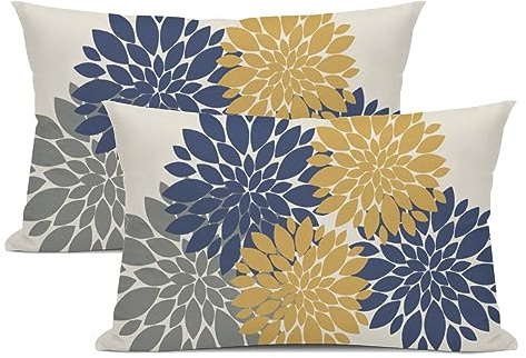 WOFOLE Marineblau-gelber Outdoor-Kissenbezüge, 30,5 x 50,8 cm, Grau, Dahlie, moderne Geometrie, Blume, Bauernhaus, rustikal, dekorativ, Lendenwirbelkissen, für Zuhause, Wohnzimmer, Sofa, Couch, Bett,