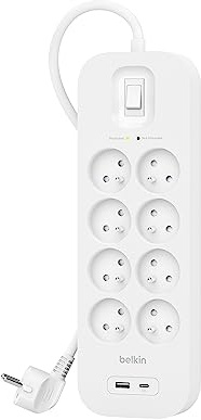 Belkin Multiprise parafoudre avec USB 8 Prises (Montage Mural, Cordon d'alimentation de 2 m, Voyant Lumineux Vert, 1 Port USB-C et 1 Port USB-A, Recharge Rapide PD, Protection jusqu'à 900 Joules)