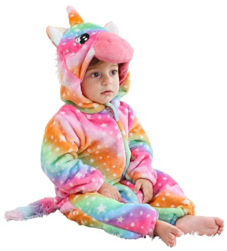 LOLANTA Unisex Baby Regenbogen Einhorn Dinosaurier Drachen Kostüm, Kleinkind Plüsch Einteiler mit Kapuze Tier Strampler